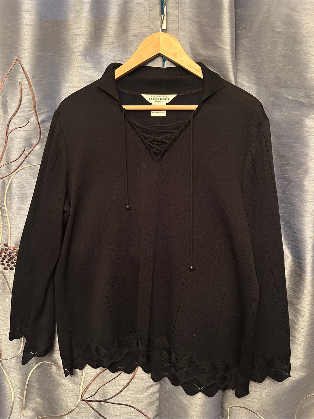Misook Black Lace-Up V-Neck Pullover